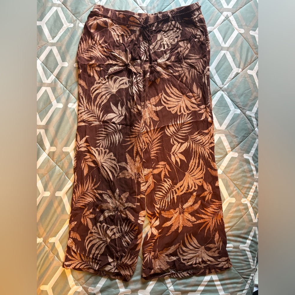 Wide Leg Floral Print Pull-On Pants - Brown